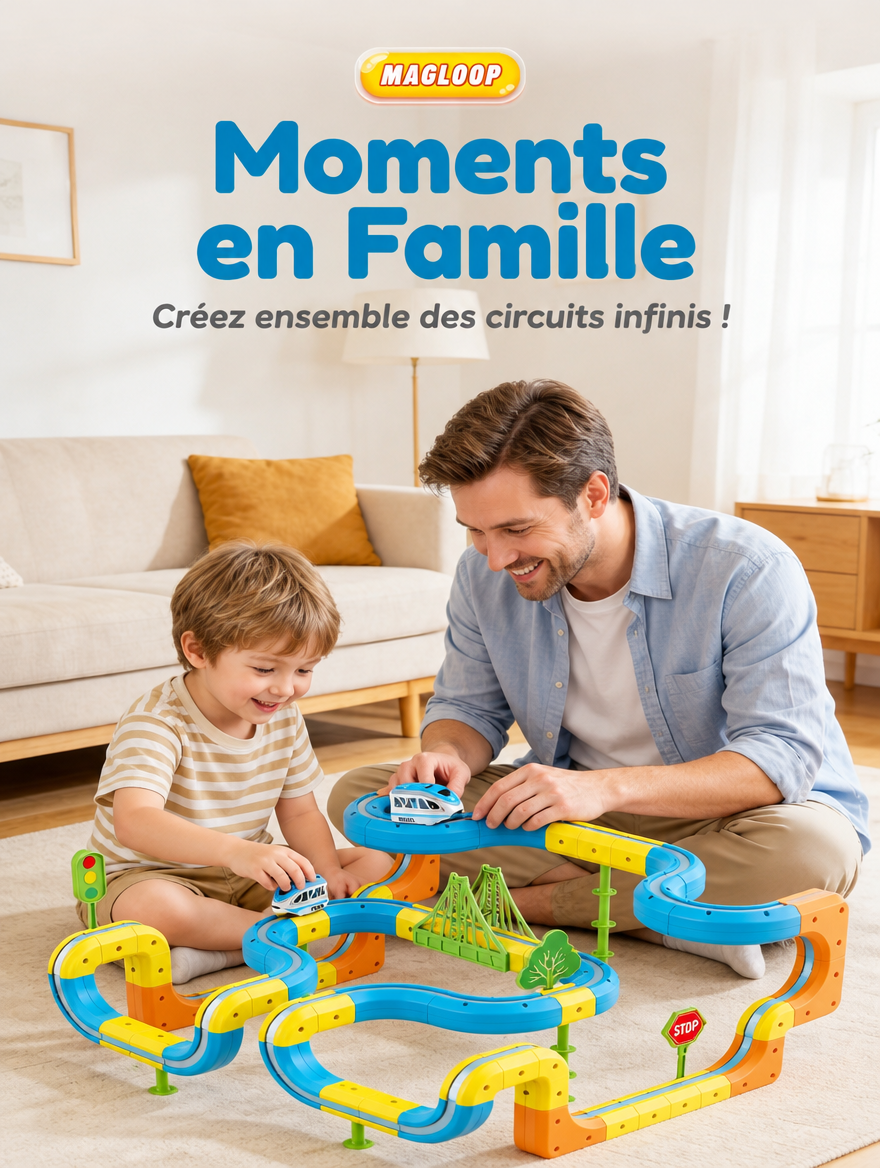 MagLoop moment en famille père enfant jouent circuit magnétique 108 pièces train