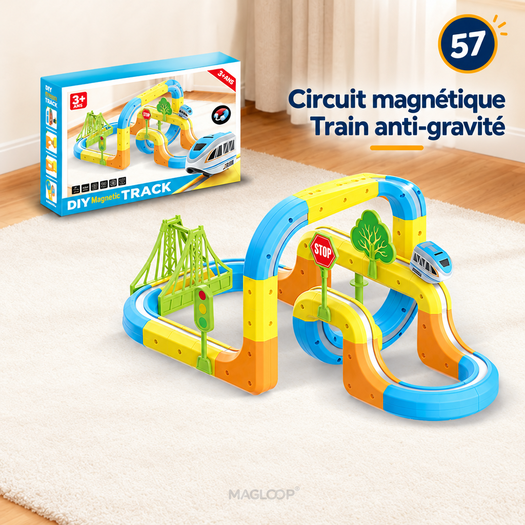 MagLoop 57 pièces — train, boîte, badge et tagline